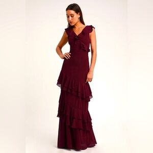 LULU’S Majesty Burgundy Ruffled Maxi Dress XS